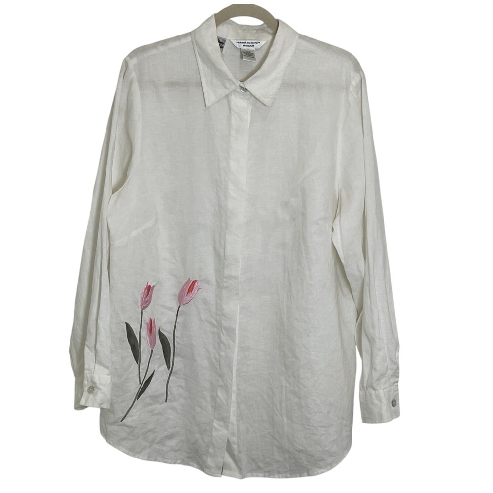 Richard Malcolm Shirt Women 1X White Irish Linen Embroidered Tulip Floral Blouse